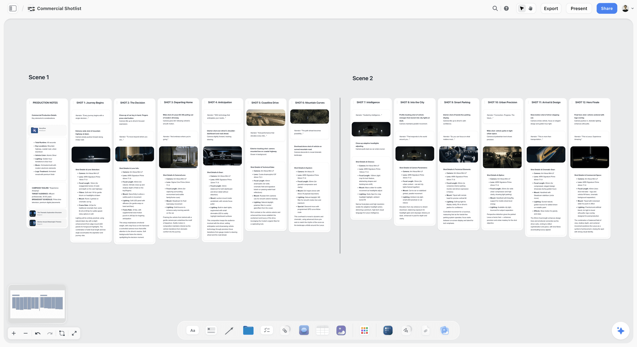 Storyflow commercial shot list board for a car spot: production notes, then twelve shot walls in two scenes with frames and camera details